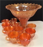 Fenton Carnival Glass Punch Bowl & Cups