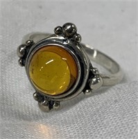 Sterling Silver & Amber Ring Sz 6.5