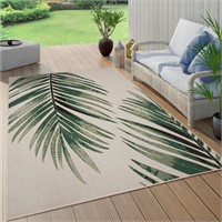 Outdoor Rug Beige Green with Floral Palm Leaf
