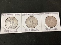 1936, 1941D and 1945 Walking Liberty Half Dollars