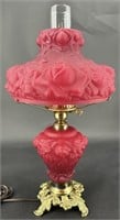 Stunning Fenton Ruby Satin Puffy Rose Lamp