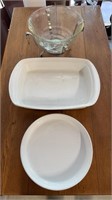 Two large corning ware casserole dishes & a glass