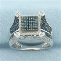 Blue and White Diamond Pave Set Ring in Sterling S