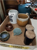 Vintage Pottery Mug, Pitcher, Wood Salt Pepper