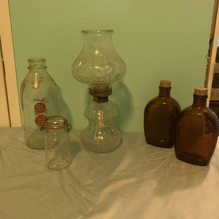 Victorian Kerosene Lamp & 4- Vintage Glass