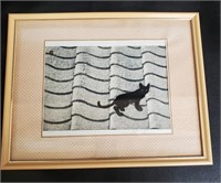 Nice Vintage Wood Block Cat Print Framed