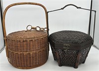 (2) Vintage Oriental Woven Wicker Lunch Baskets