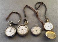 4 Old Pocket Watches, Waltham, Elgin, Bulls Eye,