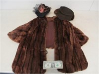 Vintage Fur Coat Shawl & 2 Vintage Ladies Hats
