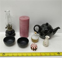 assorted lot: tea pot, candle, miniatures
