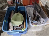 2 BINS W/ ASST. C-CLAMPS, BAND SAW, HAMMER, OIL