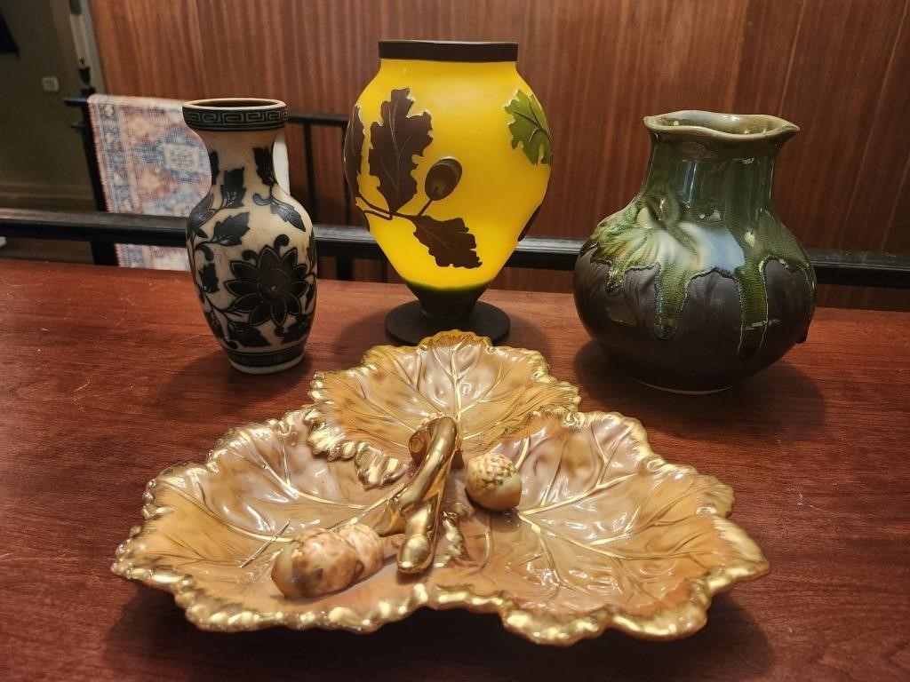 Lot of 4 (3 Ornate Pottery Vases & A Candy Dish)