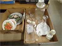 (2) Boxes w/ (4) Floral Plates, Canister, Clock,