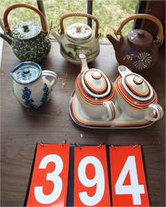 5 teapots, Dorchester stoneware creamer