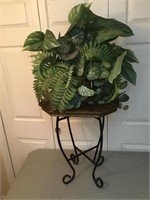 Wood Top Side Table & Faux Plant