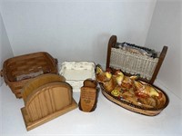 Longeburger basket, ceramic chicken tray &