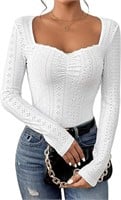 (L - white) LilyCoco Eyelet Tops for Women Long