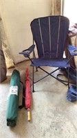Lawn chair, camping cot, umbrella