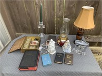 MISC LOT WITH BIBLES/LAMPS ETC