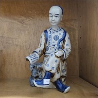 Porcelain Blue/Tan China Man W Scroll Sculpture