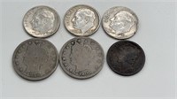 Pair liberty head nickels & mercury dime +3 dimes