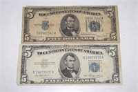 2-US $5.00 SILVER CERTIFICATE BANK NOTES !