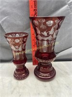 Ruby cut to clear bird scene vases