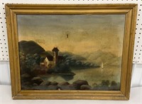1800s Painting on canvas - landscape w/ church &