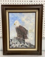 Framed Eagle painting on board approx  17”x22”