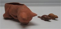 9"L CLAY CAT PLANTER & 2 HAND CARVED CANADIAN