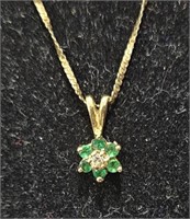 14K Gold Emerald & Diamond Star Flower Necklace