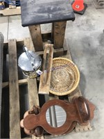 Basket, wood stand, mirror
