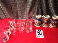 Bar Ware glass lot with collectible budweiser mugs