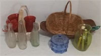 Wicker Baskets, Red Glass Vases