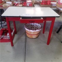 Red & White enamel topped table with drawer