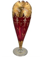 Moser Style Gilt Cranberry Glass Footed Vase