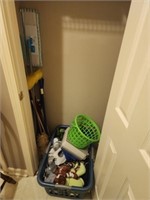 Closet lot of misc mops dusters basket and more