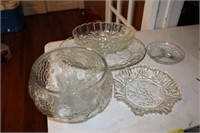 Punch bowl, mugs, clear glass plates