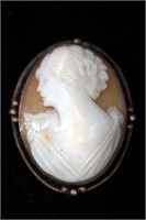 Art Deco Carnelian Carved Cameo Sterling Brooch