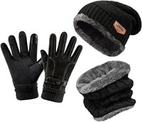 Winter Beanie Hat Scarf Gloves Set - Black