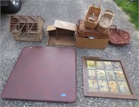 Card table, baskets, barns, picture