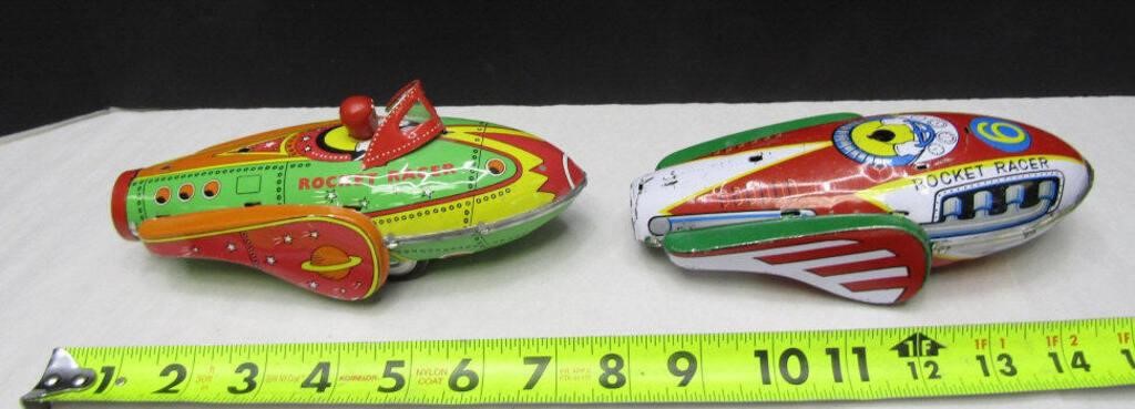 2 Vintage Tin Rocket Racer Toys - Missing Parts