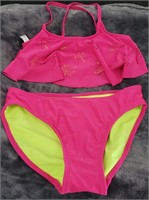Pink and Lime Green Two Piece Swimsuit, L (girls)