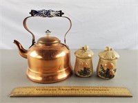 Copper Tea Pot & Mushroom Salt & Pepper Shakers