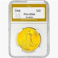 1908 $20 Gold Double Eagle PGA MS66 No Motto