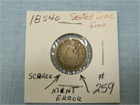 1854o Seated Dime, "Mint Error", SCARCE - Fine