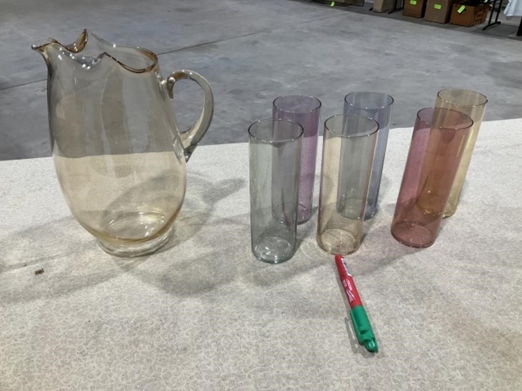 Vintage colored glass tumblers matching pitcher