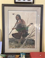 Print of a native American turkey hunting.