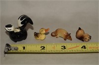(4) Vtg Mini Animals: Skunk Duck Dog & Armadillo
