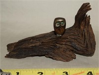 Signed Carved Driftwood w/ Wood & Silver Owl Fig